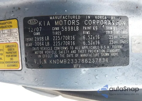 2008 Kia Sedona Ex/Lx from USA, damaged, VIN KNDMB233786237834